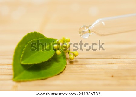 pipette with anti aging serum drop and herbal leaves