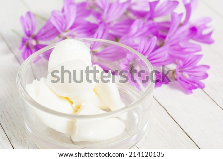 cosmetic cream and flowers on bright wood background