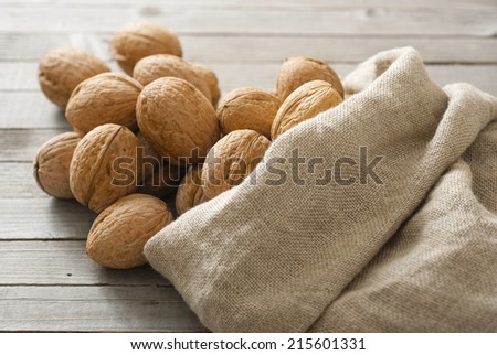 walnuts in cotton bag on old wood table