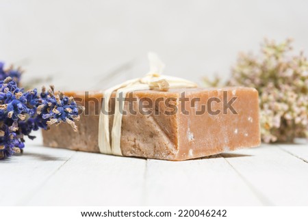hand made lavender soap on white wood table