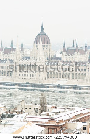 Hungarian parliament building at winter, ice drift on Danube river (Budapest)