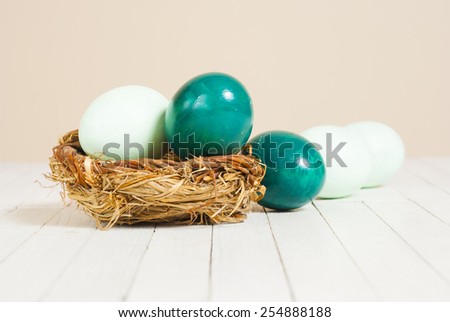 rustic painted easter eggs on a nest, white wood background