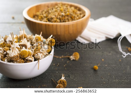 dried chamomile flowers, herbal tea raw