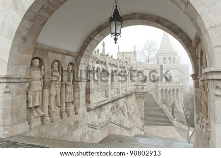 Stairs and statues at Fisherman\'s Bastion, Budapest, Hungary