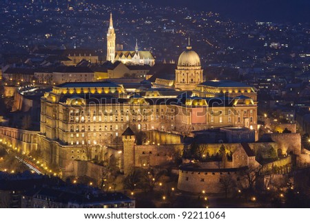 Budapest by night: Royal Palace of Buda from bird\'s-eye view