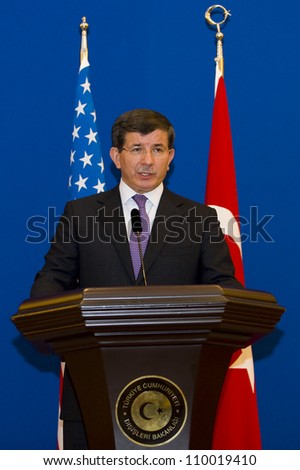 ISTANBUL, TURKEY - AUGUST 11: Turkish Foreign Minister Ahmet Davutoglu and US Secretary of State Hillary Clinton hold a press meeting about Syrian crisis on August 11, 2012 in Istanbul, Turkey.