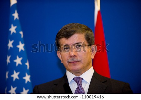 ISTANBUL, TURKEY - AUGUST 11: Turkish Foreign Minister Ahmet Davutoglu and US Secretary of State Hillary Clinton hold a press meeting about Syrian crisis on August 11, 2012 in Istanbul, Turkey.