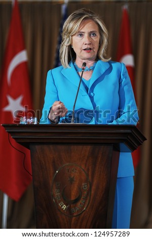 ISTANBUL, TURKEY - AUGUST 1: US Secretary of State Hillary Clinton talks to the press after meeting the Turkish Foreign Minister Ahmet Davutoglu on August 1, 2011 in Istanbul, Turkey.