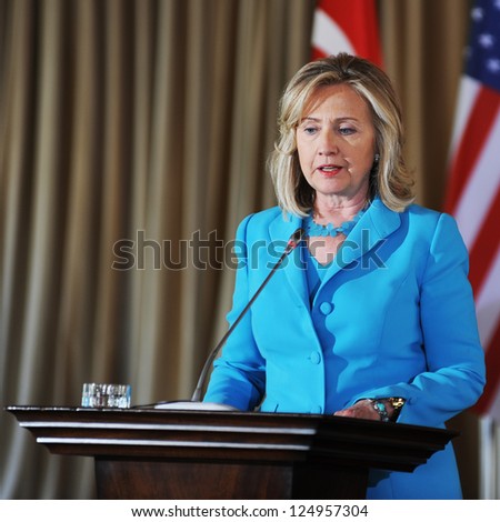 ISTANBUL, TURKEY - AUGUST 1: US Secretary of State Hillary Clinton talks to the press after meeting the Turkish Foreign Minister Ahmet Davutoglu on August 1, 2011 in Istanbul, Turkey.