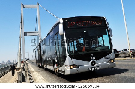 ISTANBUL, TURKEY - APRIL 23: Metrobus, a part of public transportation system, eases the traffic in Istanbul on April 29, 2012 in Istanbul, Turkey.