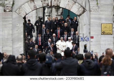 ISTANBUL, TURKEY - NOVEMBER 29: Pope Francis visited Blue Mosque and Hagia Sophia in Istanbul on November 29, 2014 in Istanbul, Turkey.