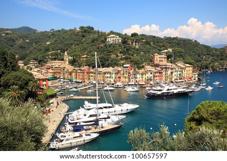 Aerial view on town of Portofino and small harbor with yachts and boats on Ligurian sea, Italy.