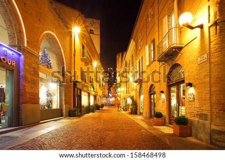 Alba - December 07: Popular Touristic Street In Old City Historic Center With Opened Shops, Bars And Stores Illuminated For Christmas And New Year Holidays In Alba, Italy On December 07, 2011.