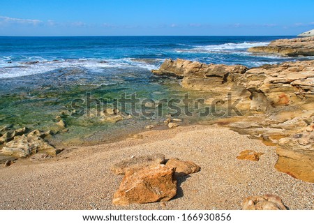 Waves and rocks at Rosh HaNikra national reserve area on Mediterranean sea in Israel.
