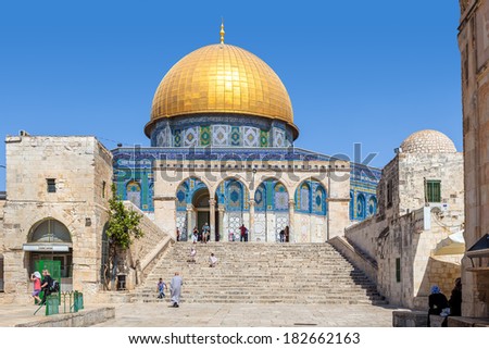 JERUSALEM, ISRAEL - AUGUST 21, 2013: Dome of the Rock - a mosque constructed between 689 and 691 CE on the site of Jewish Second Temple and located on Temple Mount in Old City of Jerusalem, Israel.