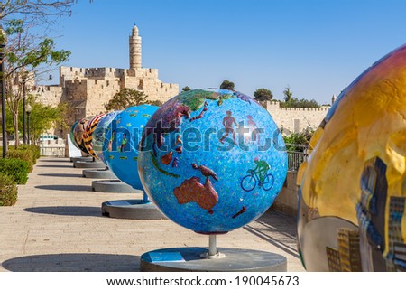 JERUSALEM, ISRAEL - AUGUST 21, 2013: 18 big globes exposed in Old City of Jerusalem as part of Cool Globes project show ideas for solutions and raise awareness for the problem of global warming.