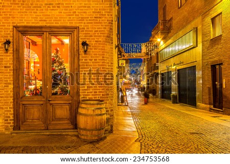 ALBA, ITALY - DECEMBER 30, 2013: Christmas tree behind restaurant door and narrow street illuminated for Christmas and New Year celebrations in popular and famous tourist area in town of Alba.