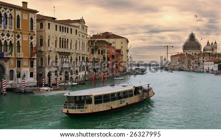 View on Grand Canal and old historic buildings along the canal in Venice, Italy.