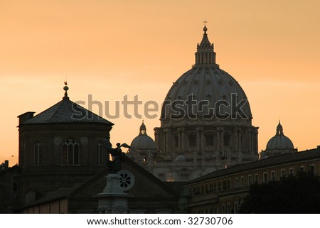 View on Saint Peter (San Pietro) cathedral at sunset in Vatican city, Vatican (Rome, Italy).