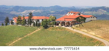 Panoramic view on two farmhouses on the hill among vineyards of Langhe in Piedmont, northern Italy.