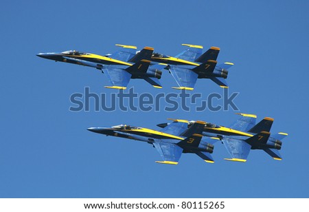 SAN FRANCISCO, CALIFORNIA - OCTOBER 6: US Marine Corps Blue Angels demonstration squadron on F18 Hornet jet fighters in the sky over San Francisco during sunday airshow on October 6, 2007.