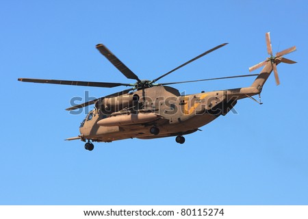 ISRAEL- SEPTEMBER 13: Heavy military helicopter Sikorsky CH-53 of the Israel Defense Forces  after take off from the base during military exercise took place on September 13, 2009 in Israel.