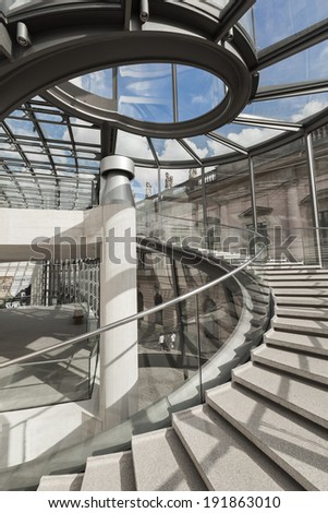 BERLIN, GERMANY - MAY 9: Spiral staircase in Exhibition Hall of I.M. Pei, part of the German Historical Museum (DHM), in Berlin, Germany on May 9, 2014.