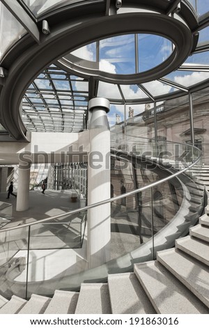 BERLIN, GERMANY - MAY 9: Spiral staircase in Exhibition Hall of I.M. Pei, part of the German Historical Museum (DHM), in Berlin, Germany on May 9, 2014.