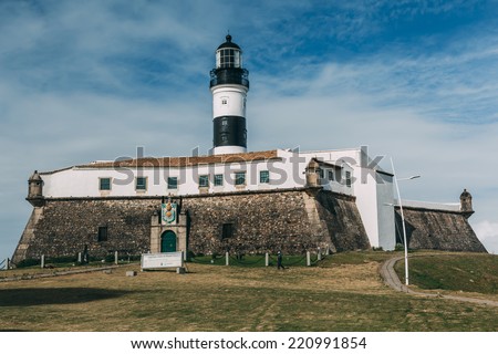 Barra Lighthouse (Farol da Barra) in Salvador, Brazil. It was built in 1698 and was the first lighthouse in the Americas.
