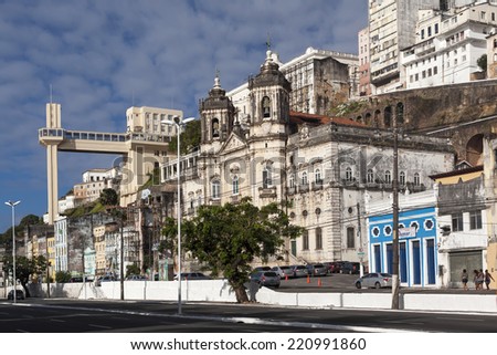 SALVADOR, BAHIA, BRAZIL - SEPTEMBER 7: fragment of Low City (Cidade Baixa) with Basilica Nossa Senhora da Conceicao da Praia and Elevador Lacerda in  Salvador, Bahia, Brazil on September 7, 2014.