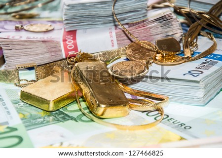 Euro bills and Gold (bullions and jewellery)