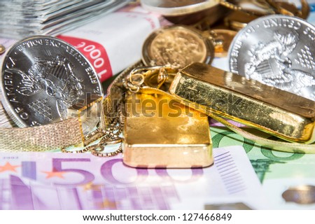 Euro Bills, Gold (bullions and jewellery) and Silver Coins