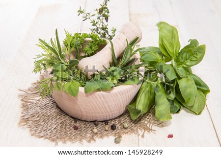 Fresh herbs in a small wooden bowl (macro shot)
