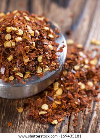 Chilli Spice in a small Bowl on dark wooden background