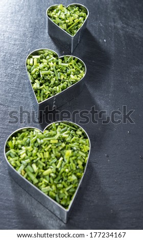 Heart shapes filled with fresh cutted Chive (I love herbs concept)
