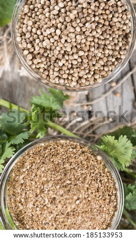 Small portion of rubbed Coriander (close-up shot)
