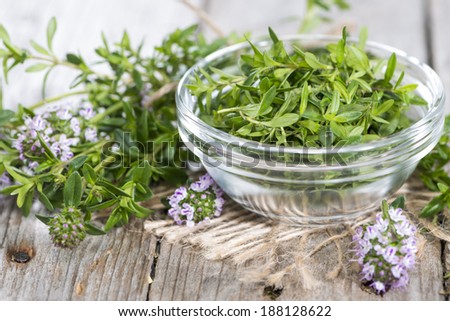 Small heap of Winter Savory (detailed close-up shot)