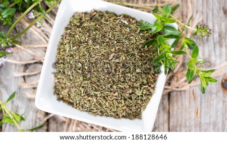Small heap of Winter Savory (detailed close-up shot)