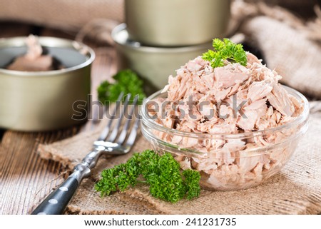 Bowl with canned Tuna (detailed close-up shot)