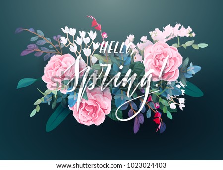 Floral spring card or poster graphic design with pink roses, white flowers, exotic leaves, eucalyptus and succulents. Romantic decorative bouquet. Vector illustration.