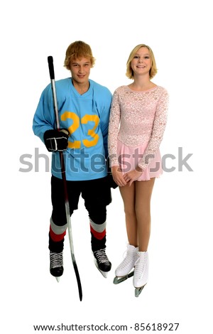 A teenage winter ice sport couple, hockey player and figure skater