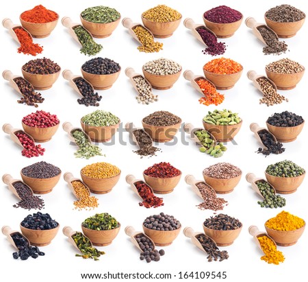 collection of different spices and herbs isolated on white background