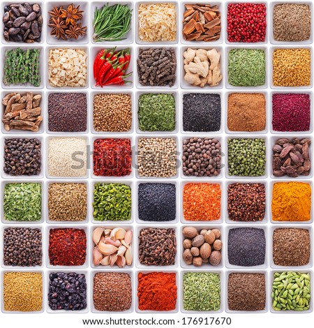 Large Collection Of Different Spices And Herbs Isolated On White Background