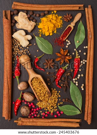 still life with spices and herbs in the frame of cinnamon sticks