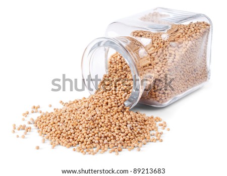 Mustard seeds is scattered on a white background from glass bottle