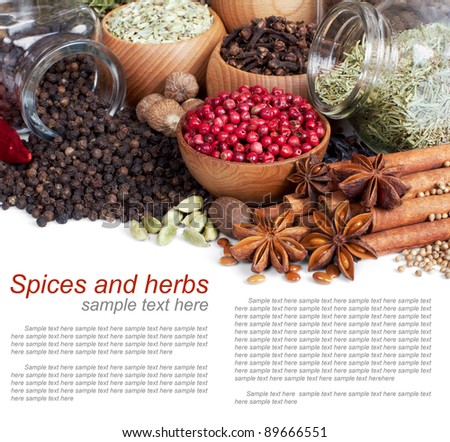Background of different spices with sample text on white