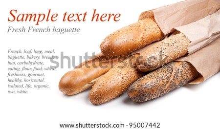 Fresh French baquette on white with sample text