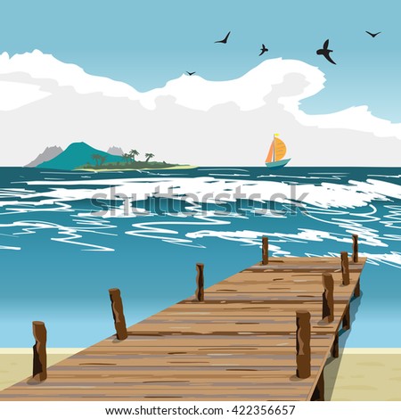 Sea landscape summer beach, old wooden pier, island and yacht in the distance. View with wooden pier in summer vacation. Summer background on beach. Vector flat illustration