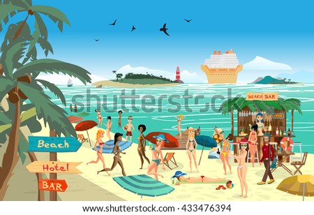 Sea landscape summer beach. Vector cartoon flat illustration. Beach bar with bartender, a woman in a bikini to swim and sunbathe, play sports. Cruise ship, island and lighthouse