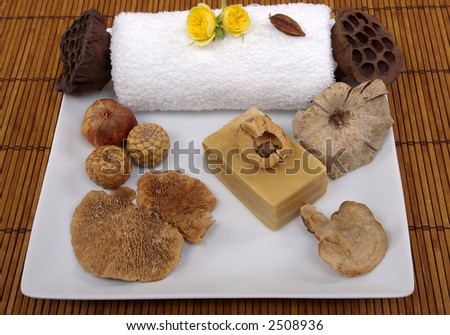 Dry mushroom, seeds, natural olive oil soap, roses, and towel